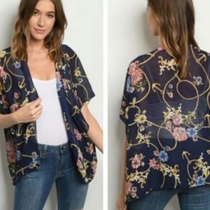Floral Nautical Anchor Cruise Vacation Resort Wear Kimono Shrug Top